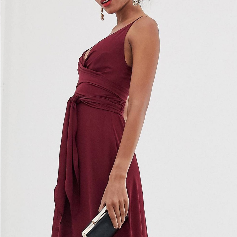 Dark Red/ cranberry Cami Wrap Floor Length Dress with Tie Waist